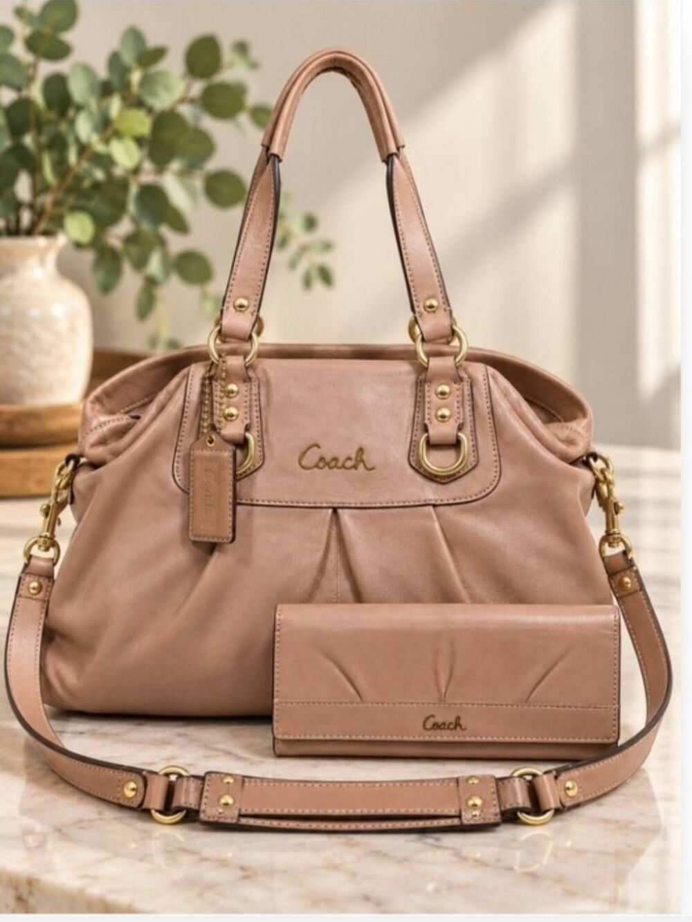 Coach Ashley Leather Carryall shoulder bag and Wallet Tan Champagne Muted Metall